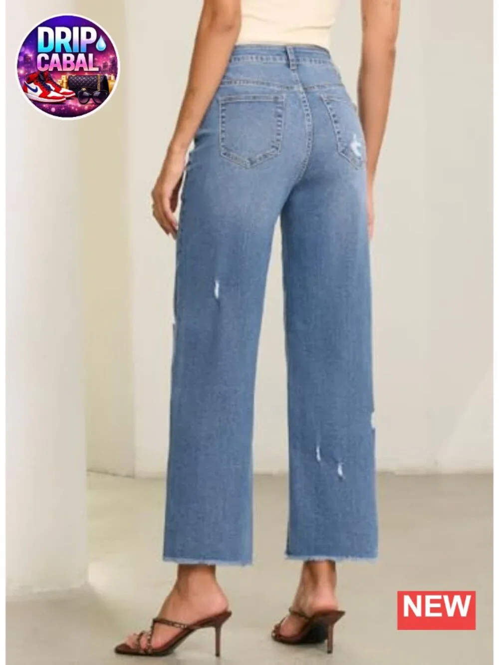 EVALESS Women's Stretchy Distressed Straight Leg Boyfriend Jeans with Raw Hem